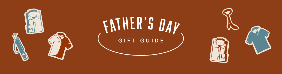White, bold text reads Fathers Day Gift Guide on a solid brown background, with Fathers Day arched above Gift Guide and a thin white oval encircling the phrase below.