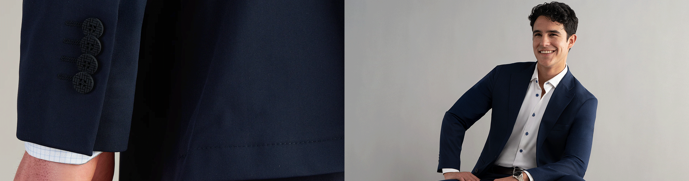 Split image: Left side shows a close-up of a navy suit sleeve with three black buttons; right side shows a smiling man in a navy suit and white shirt sitting against a plain gray background.