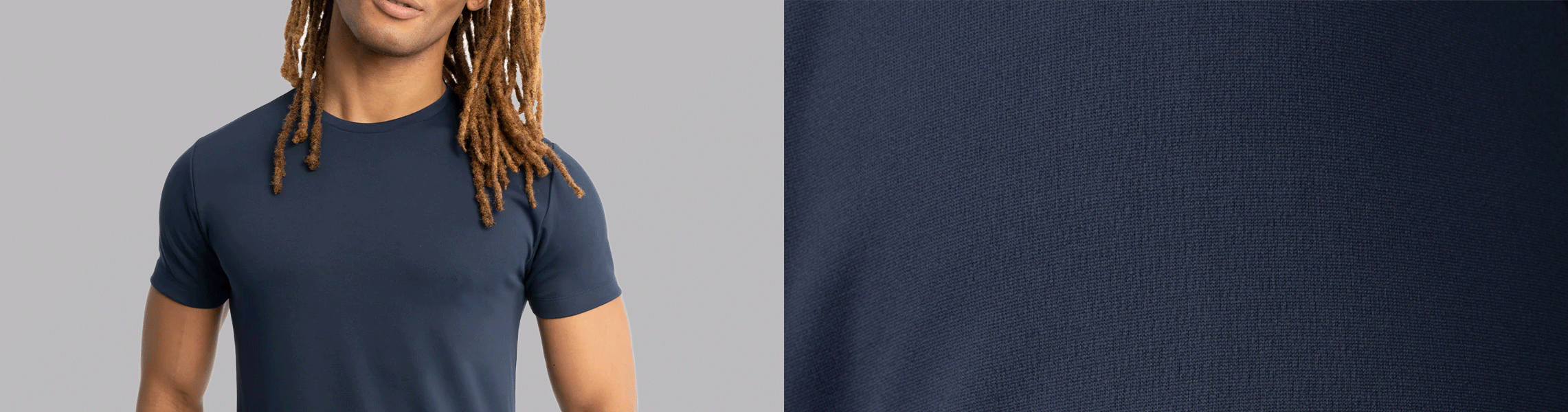 A person with long, light brown dreadlocks wears a fitted navy blue short-sleeve t-shirt; next to them is a close-up detail showing the shirts smooth, textured fabric.