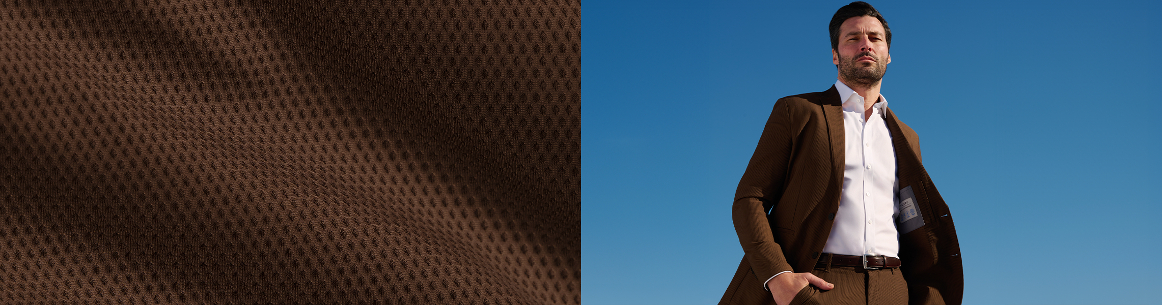 Left: Close-up of textured brown fabric with a waffle weave pattern. Right: Person in a brown suit and white shirt stands confidently outdoors against a clear blue sky.