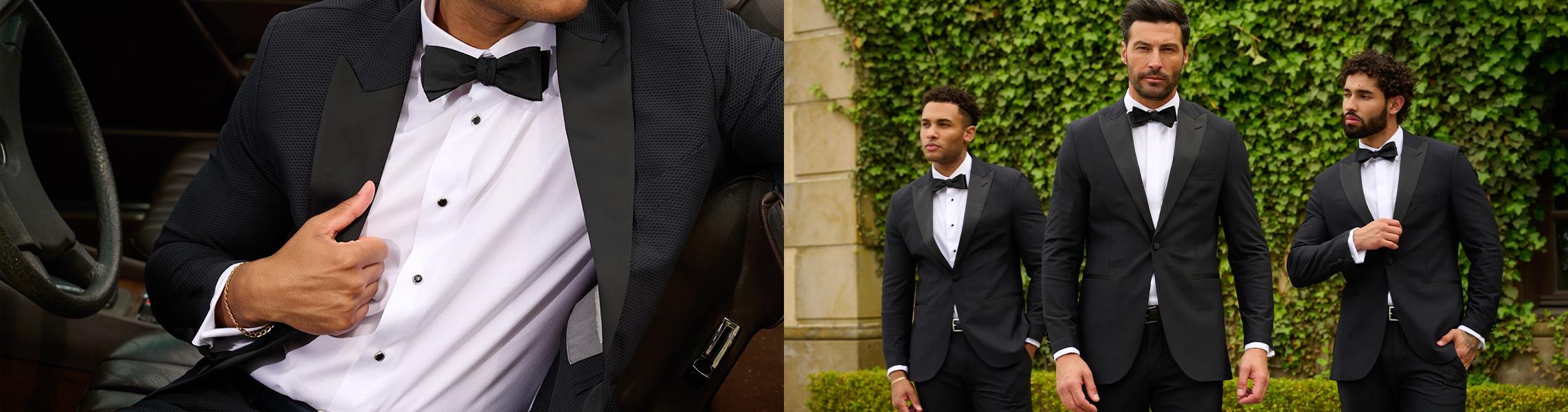 Three men in black tuxedos and bow ties stand outdoors by a leafy wall; one adjusts his suit in a close-up, highlighting elegant formal wear and confident postures.