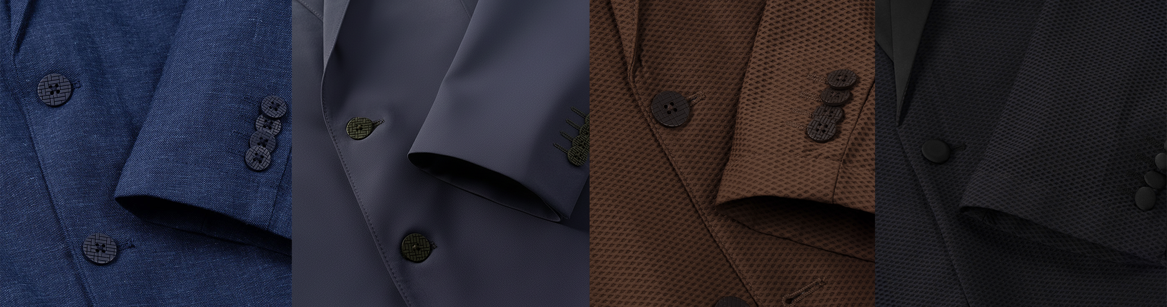 A close-up view of four suit jackets in different textures and colors—blue, navy, brown, and dark gray—showing lapels and buttons in each section.