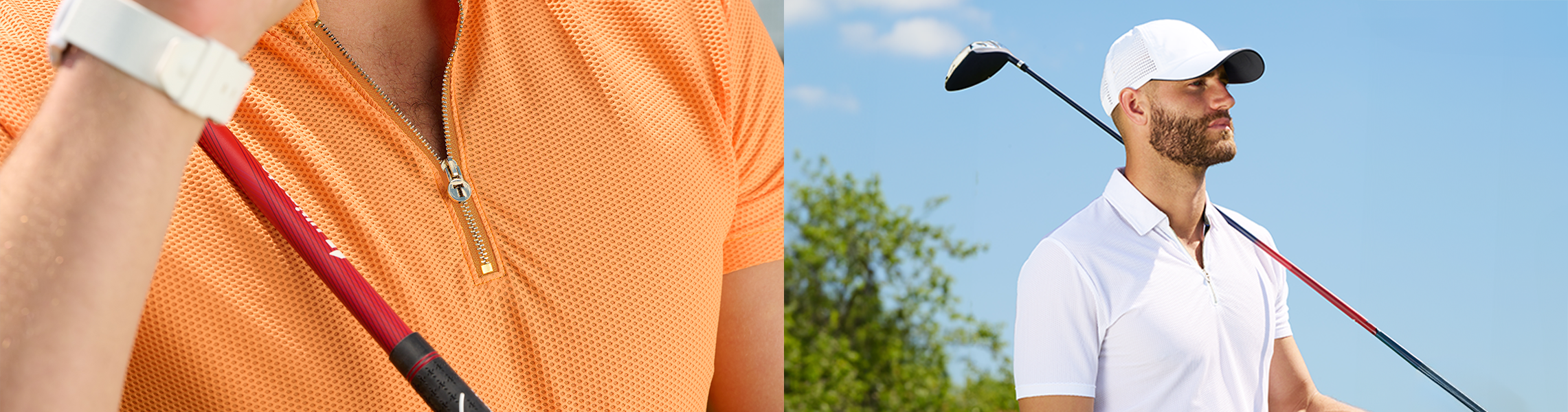 Split image: left shows a close-up of a person in an orange zip polo holding a golf club; right shows a bearded person in a white polo and cap outdoors, holding a golf club over their shoulder.