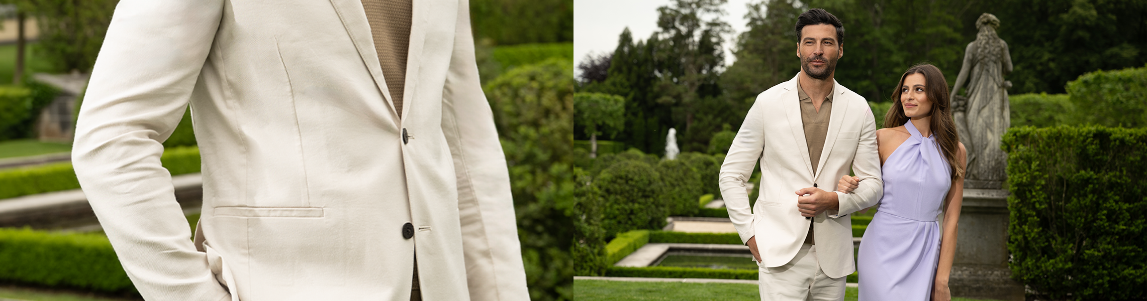 A man in a cream suit stands outdoors; close-up of his suit on left. On the right, he walks arm-in-arm with a woman in a lilac dress in a manicured garden with statues and fountains.