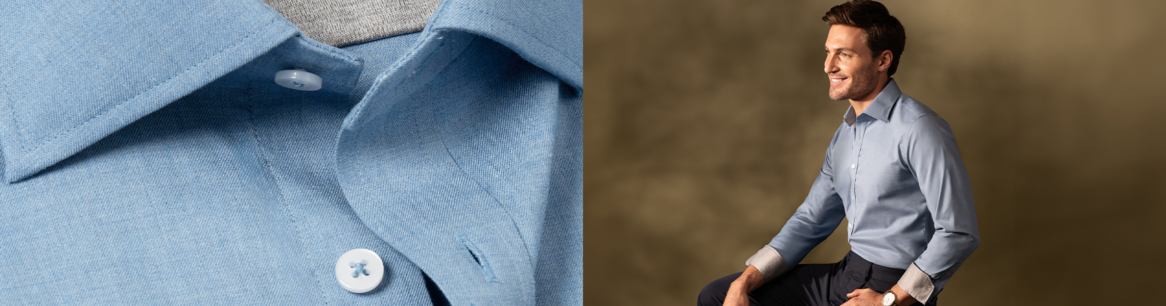 Close-up of a light blue dress shirt’s collar and button on the left; on the right, a smiling man sits wearing the same blue shirt with dark pants against a soft brown backdrop.