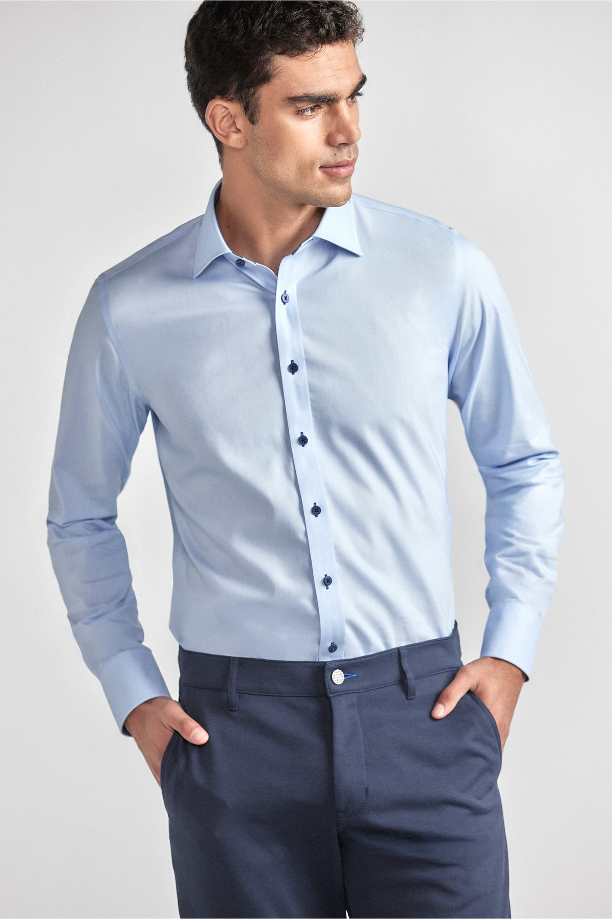 Leader Non-Iron Contrast | Navy Buttons, view 1 of 8