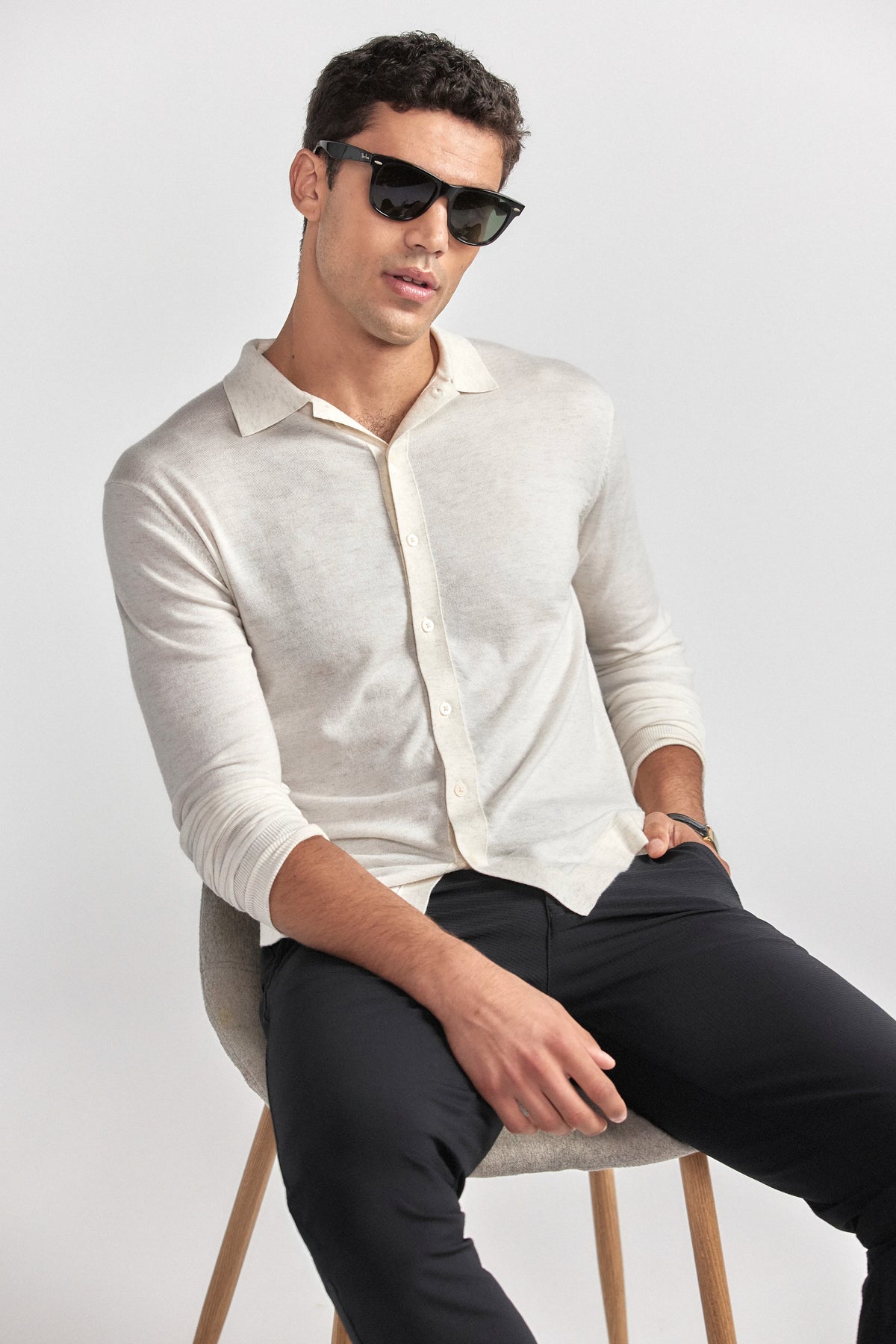 Lightweight Cashmere Button-Down | Heather Ivory, view 3 of 8