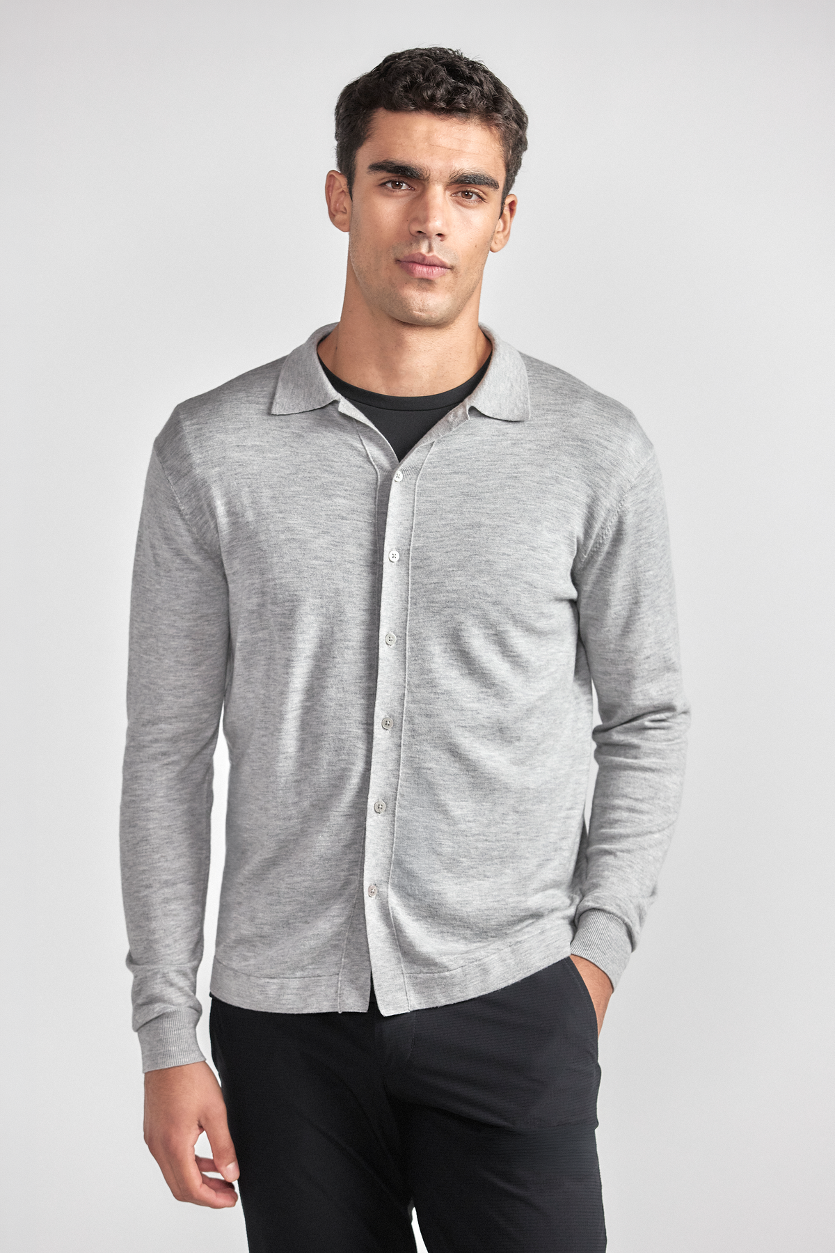 Lightweight Cashmere Button-Down | Heather Light Grey, view 1 of 6