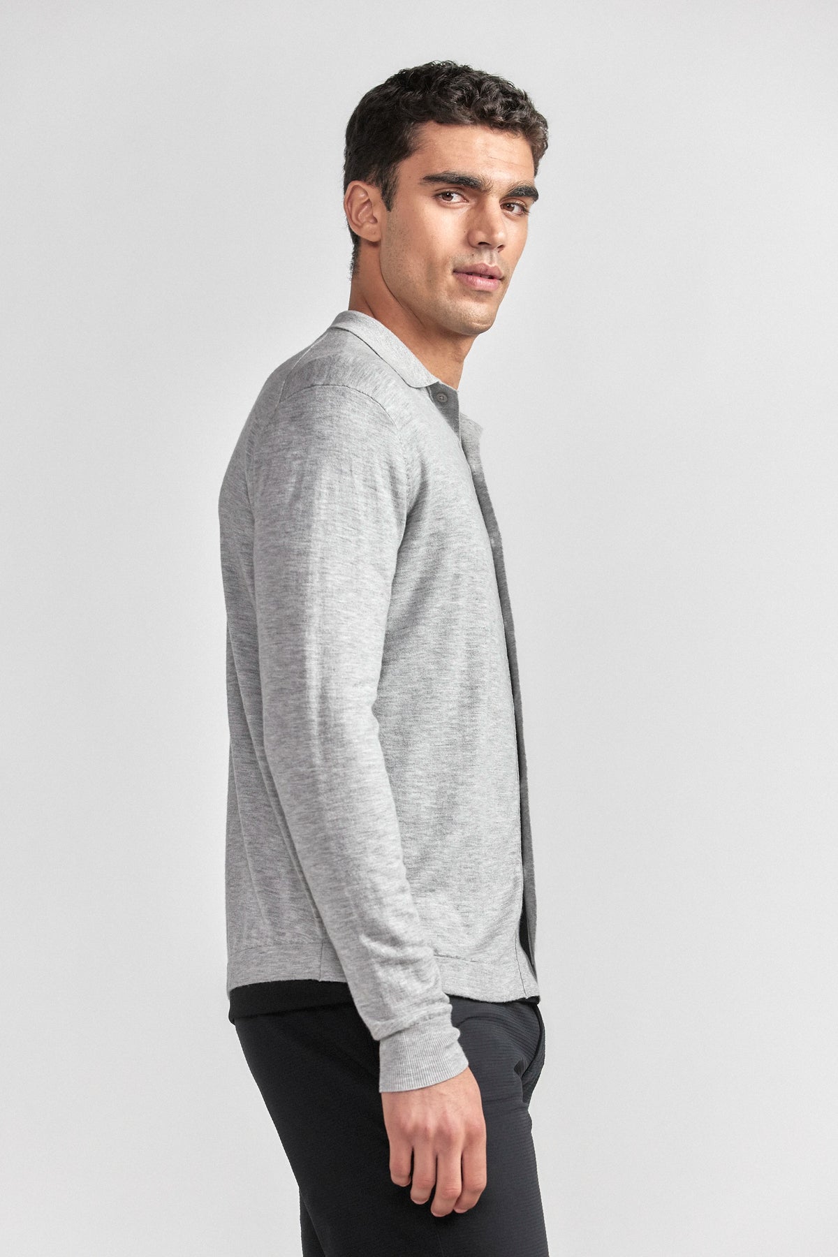 Lightweight Cashmere Button-Down | Heather Light Grey, view 3 of 6