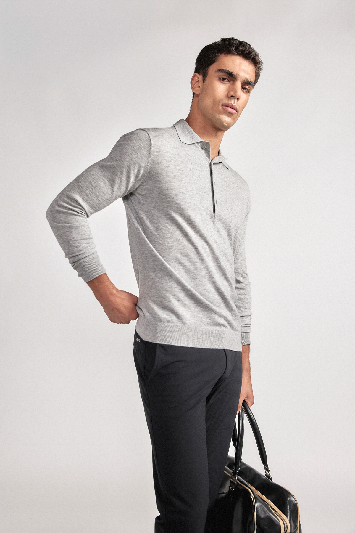 Lightweight Cashmere Polo | Heather Light Grey, view 3 of 8