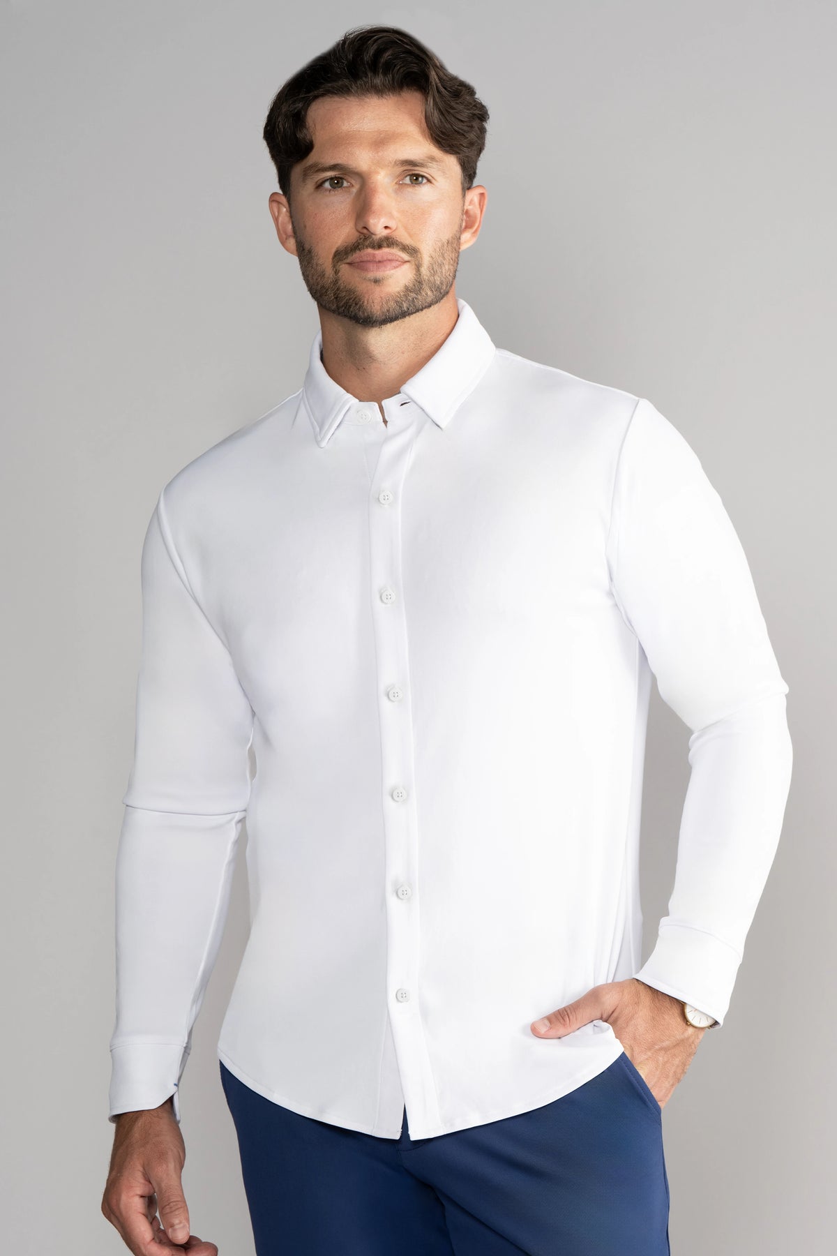 Long Sleeve Button Down Polo Solid // White, view 1 of 4