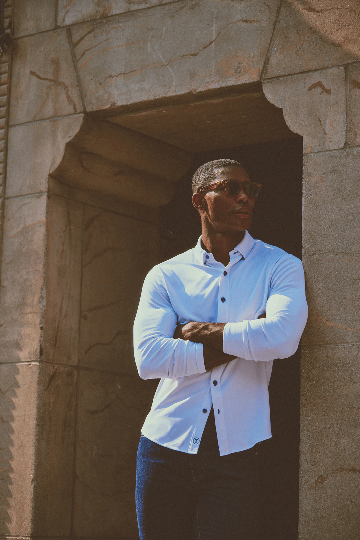 Long Sleeve Button Down Polo Contrast // White Navy, view 2 of 5