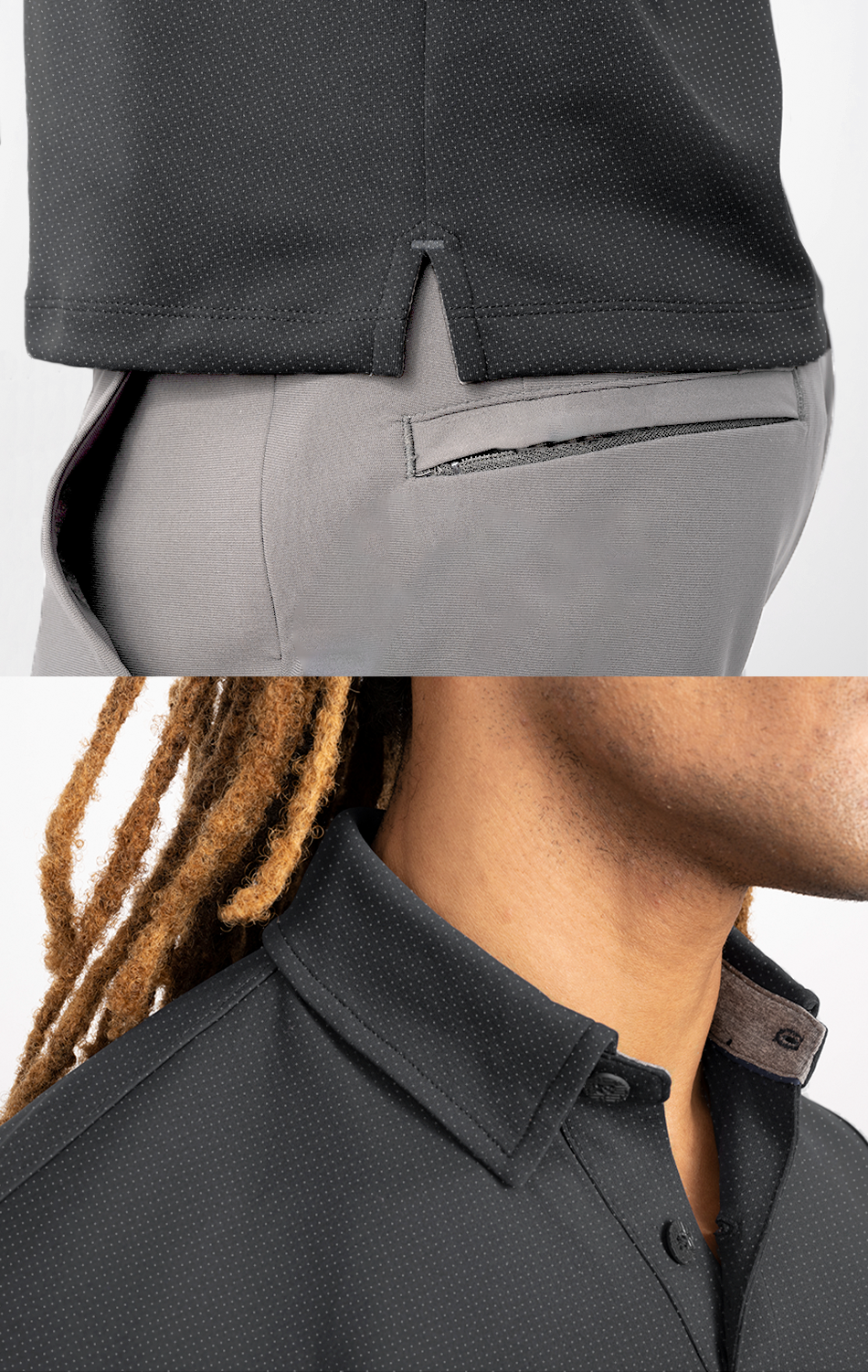 A close-up of a person in the Twillory Short Sleeve Polo Dot // Charcoal, showing a hem slit above gray pants’ back pocket, buttoned collar with faint inner lining pattern, and light brown shoulder-length dreadlocks. Moisture-wicking fabric adds comfort.