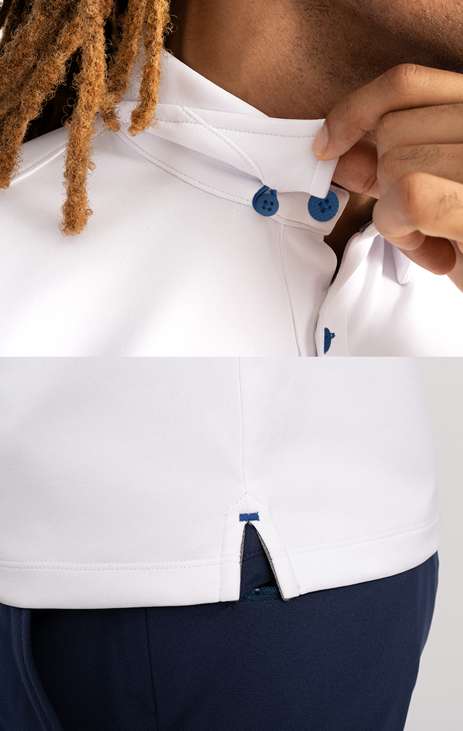 A person wears the Twillory Short Sleeve Polo Contrast in White Blue. The upper image shows a hand fastening blue collar buttons; the lower image highlights the side slit and stitching at the hem, paired with navy pants for a tailored look.