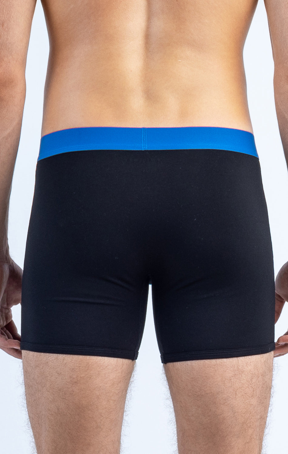 Rear view of a male model wearing black boxer briefs with blue waistband.