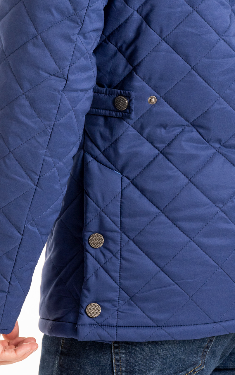 Close-up of a blue quilted jacket with button details and stitching pattern.