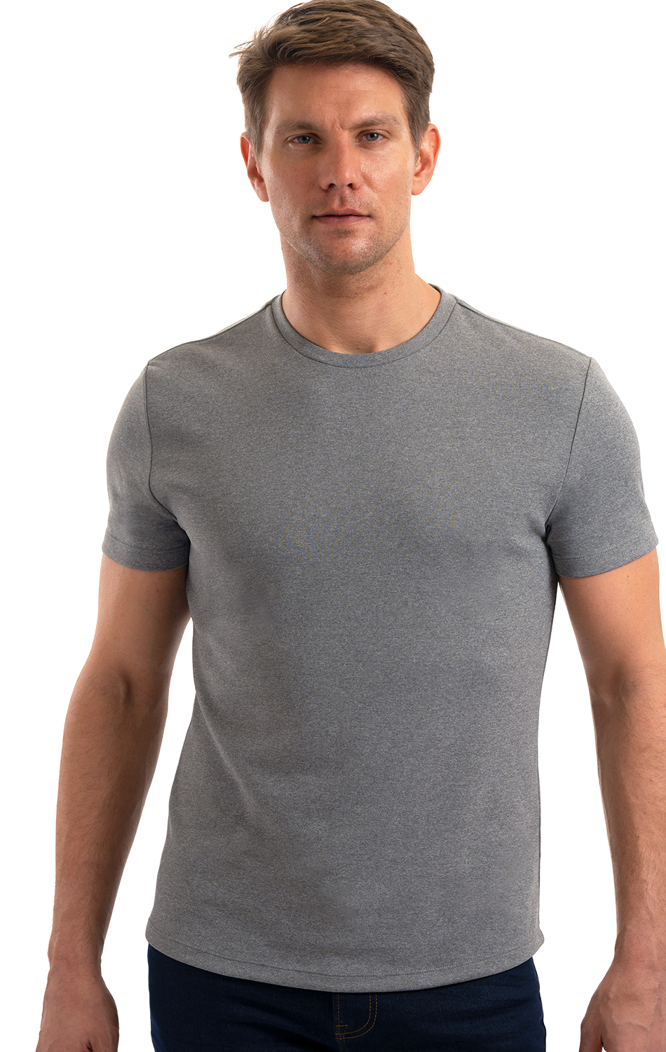 Man wearing a plain gray t-shirt with short sleeves and blue jeans.