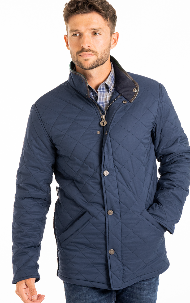 A man wearing a navy blue quilted jacket with button closure, standing against a white background.