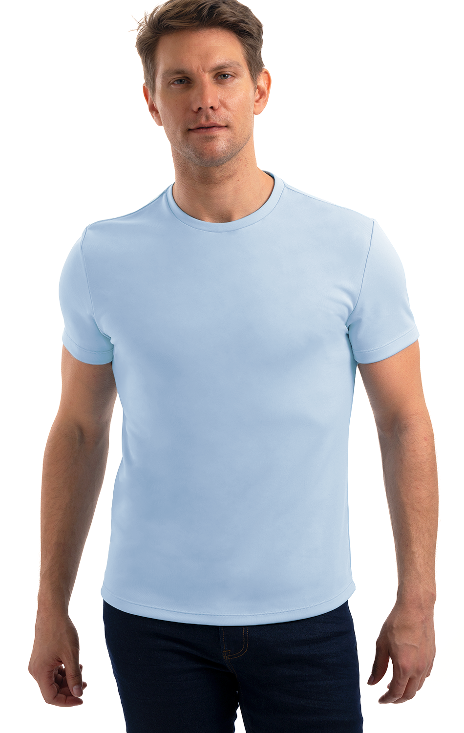 Man wearing a light blue t-shirt and dark jeans, standing against a plain white background.