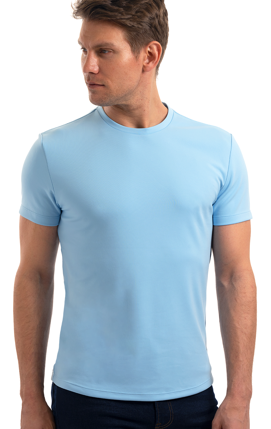 Man wearing a light blue fitted T-shirt facing sideways on a white background.
